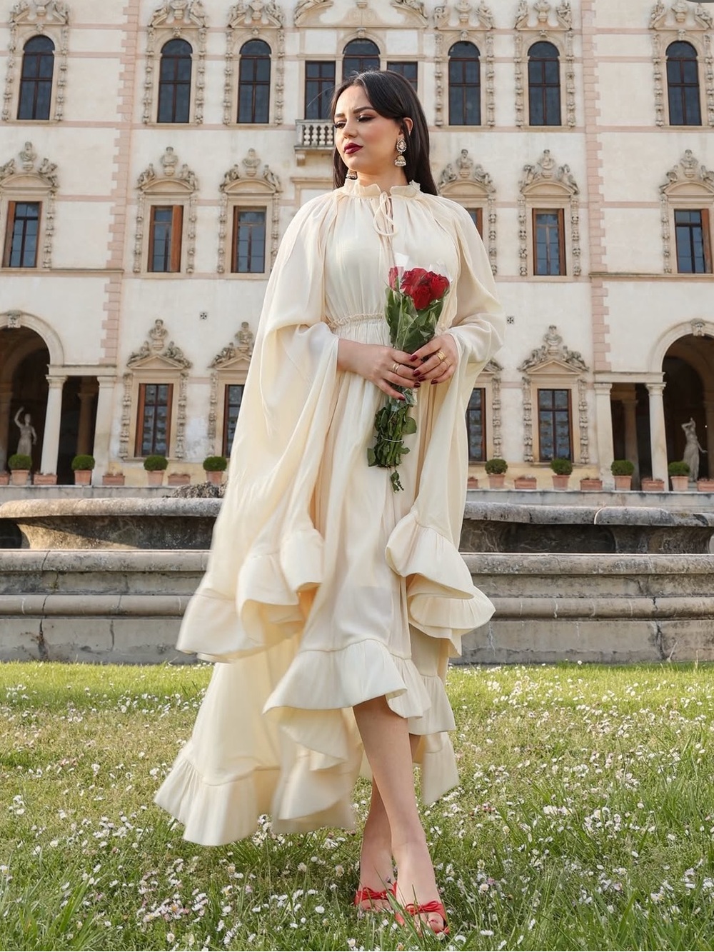 Cream High-Low Ruffle Maxi Dress with Flowing Statement Sleeves